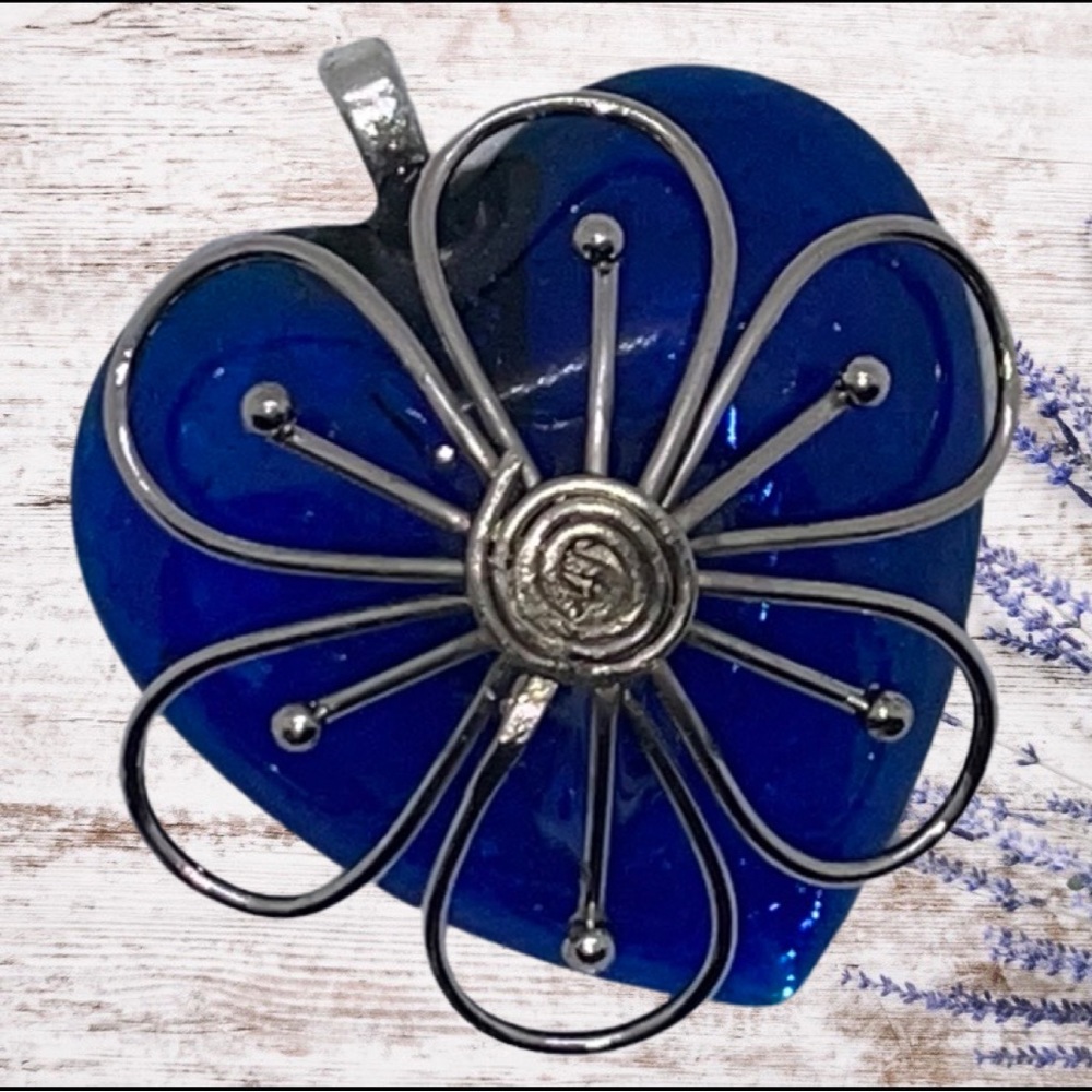 Cobalt Heart Pendant Silver Flower Handcrafted Blue Resin Wearable Art